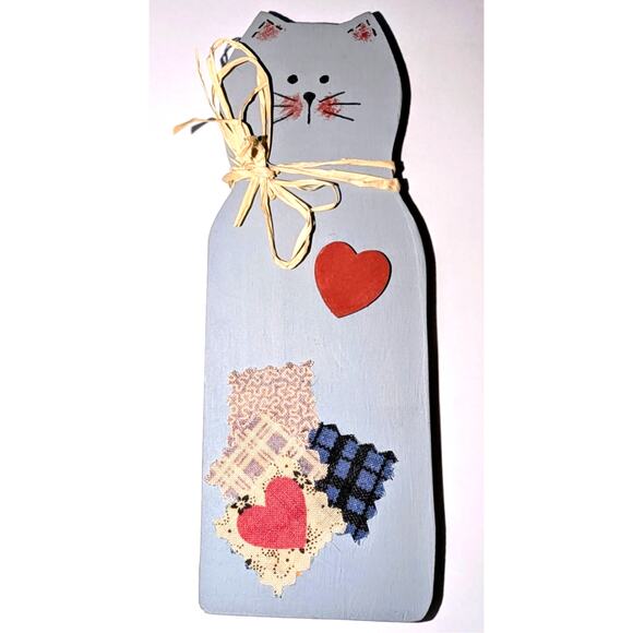 Vtg 1997 Hand Painted Artisan Wooden Kitty Cat Figure Sculpture 6.5 in. Blue - Picture 4 of 4